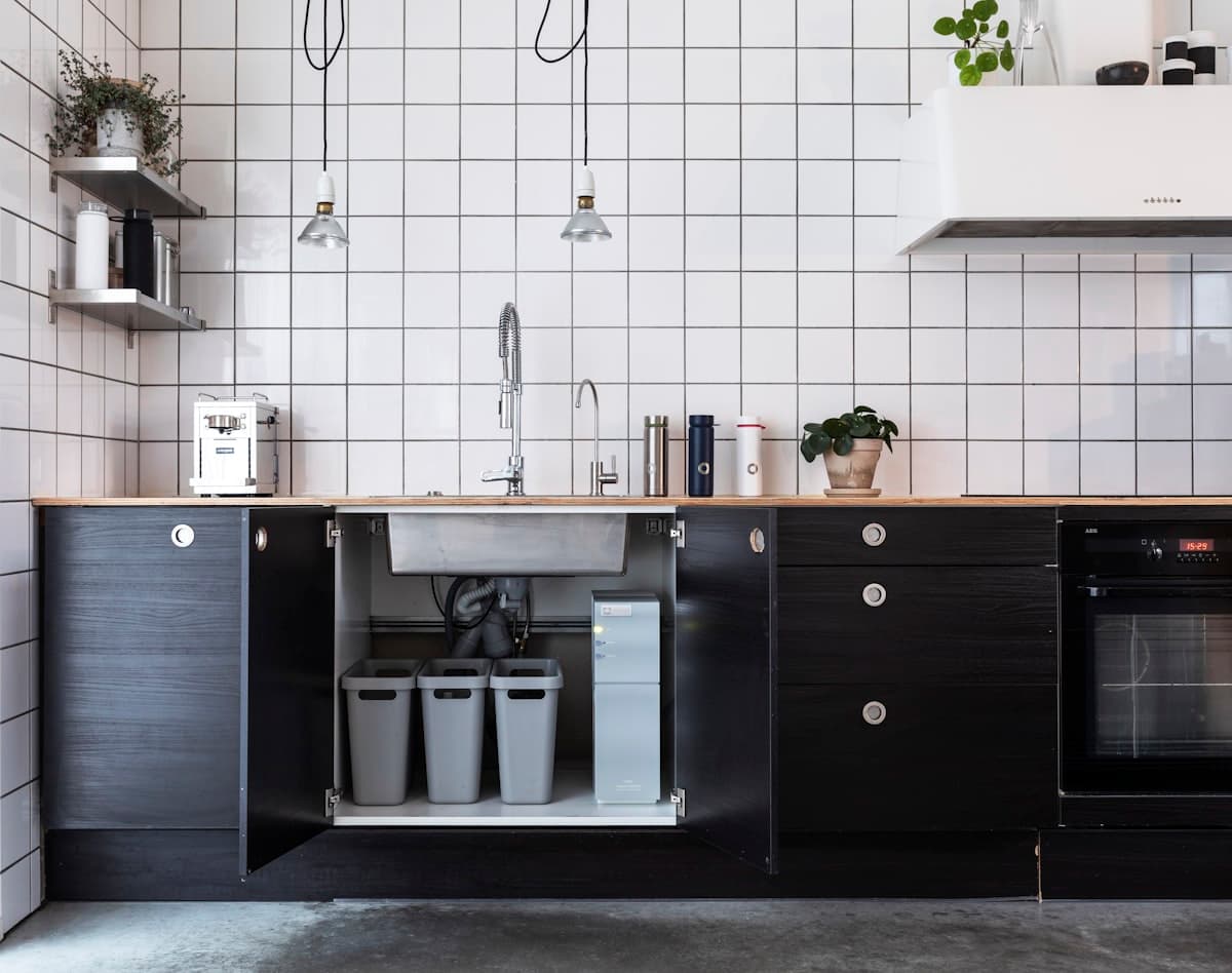 Modern St. Louis kitchen with the cabinet open under the sink, showing a small dedicated reverse-osmosis faucet next to the main faucet and the RO unit below.