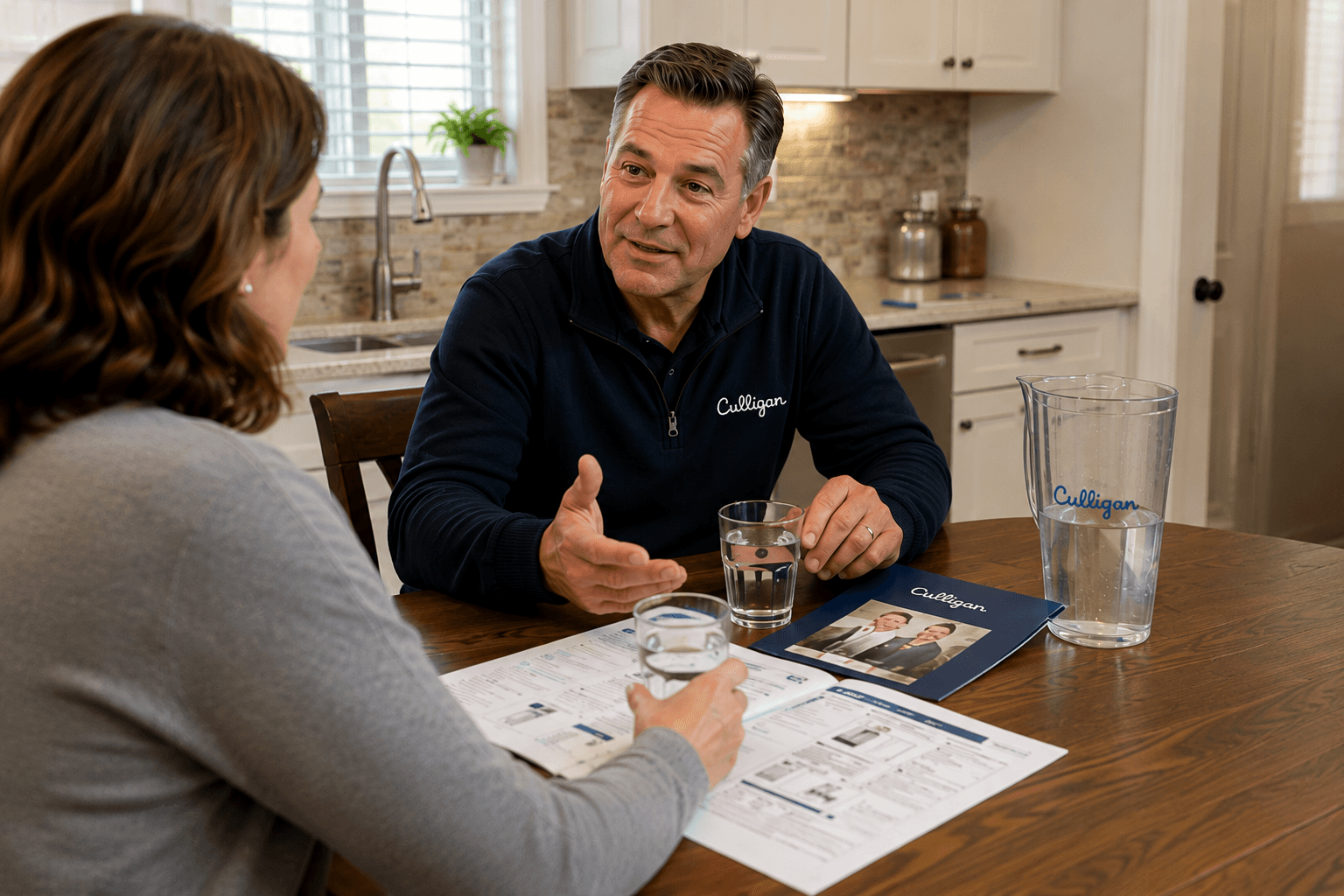 A Culligan salesperson at a homeowner's kitchen table, mid-pitch, with branded glasses and brochures.