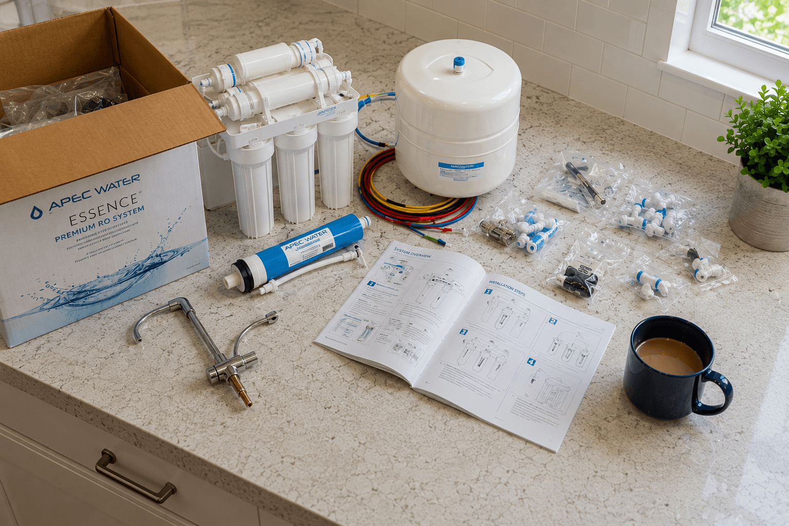 A half-unpacked DIY RO kit spread across a kitchen counter — components, bagged fittings, an open instruction manual, and a mug of coffee.