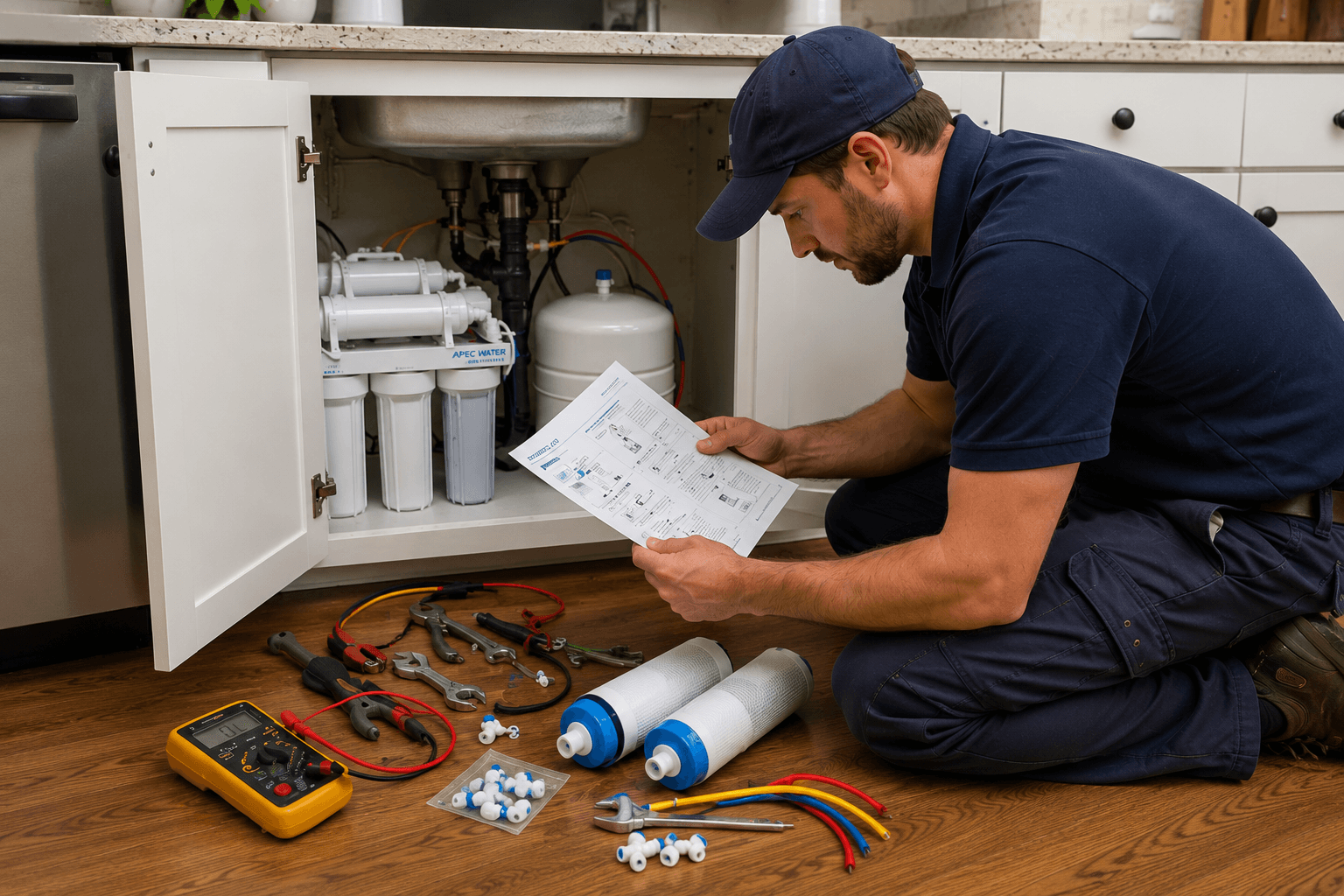 A plumber kneeling on a kitchen floor reading printed instructions, an under-sink RO unit and component pile beside him.